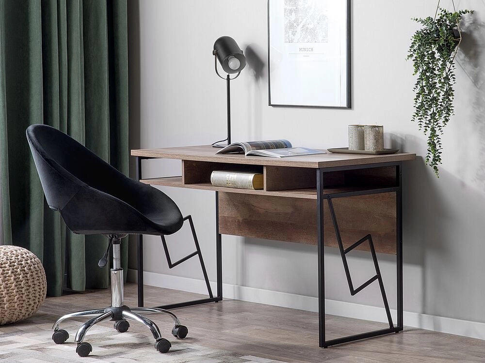 Scrivania Home Office Piano in legno scuro Struttura in metallo Nero Scaffale portaoggetti 120 x 60 cm Design industriale moderno
