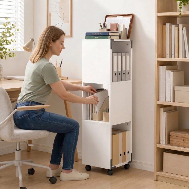 Mobile Aktenschrank con 3 vani aperti e ripiano superiore, bianco, su ruote con freni