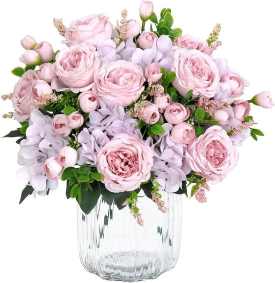 4 pacchi di fiori artificiali per matrimonio e decorazione - piemontesi e hortensie in tonalità rosa- viola