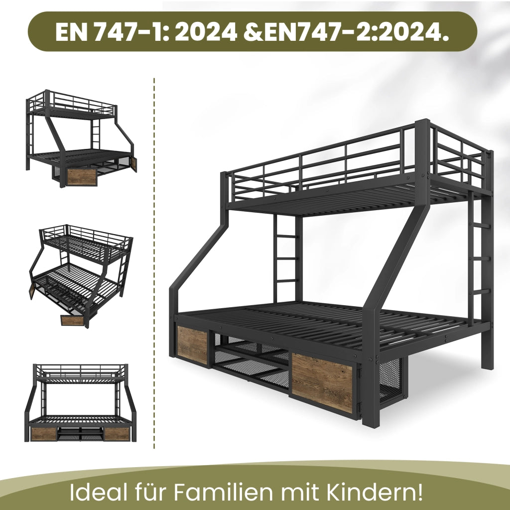 Letto a castello 90×200 cm e 140×200 cm con scarpiera e vani portaoggetti; senza materasso; nero