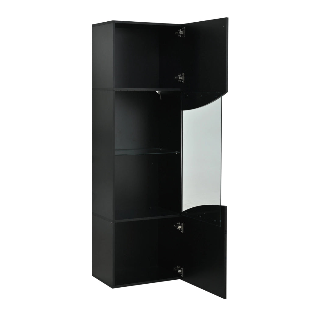Vetrina alta e stretta 35x50x165 cm in truciolare nero lucido con LED e vetro temperato