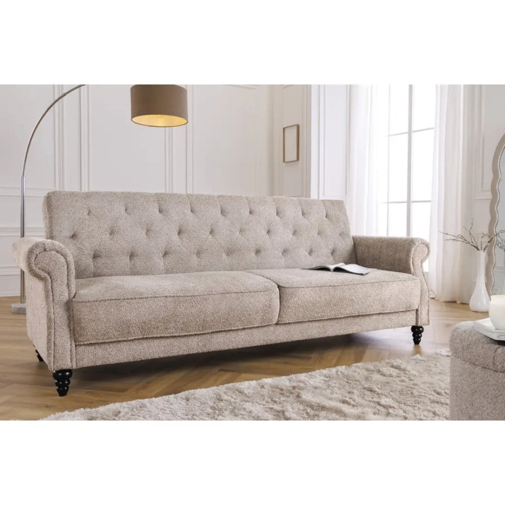 Divano trasformabile MILES beige – Divano classico in tessuto bouclé con struttura in legno massiccio