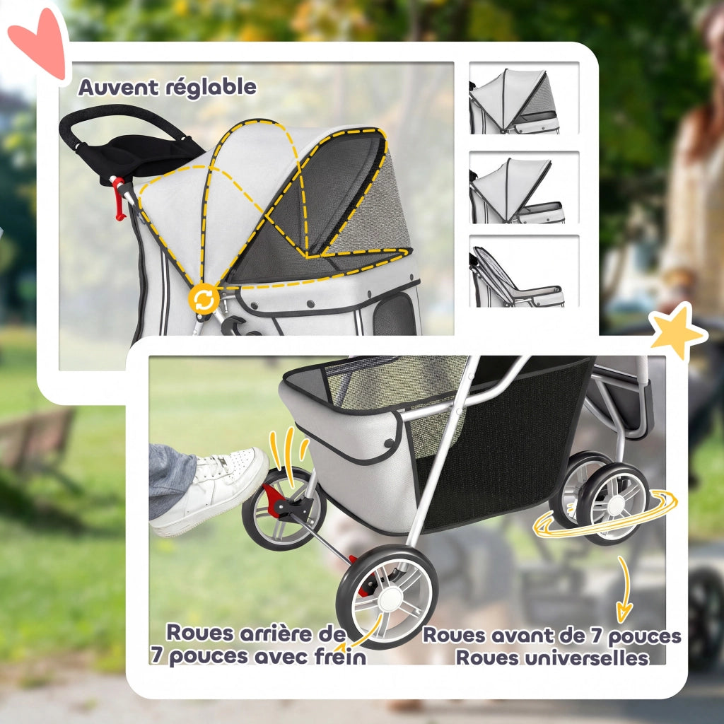 Carrello per Cani 4 Ruote Pieghevole con Coperchio Regolabile e Cestino ¨C Zephmum ¨C Grigio 77x44x102cm