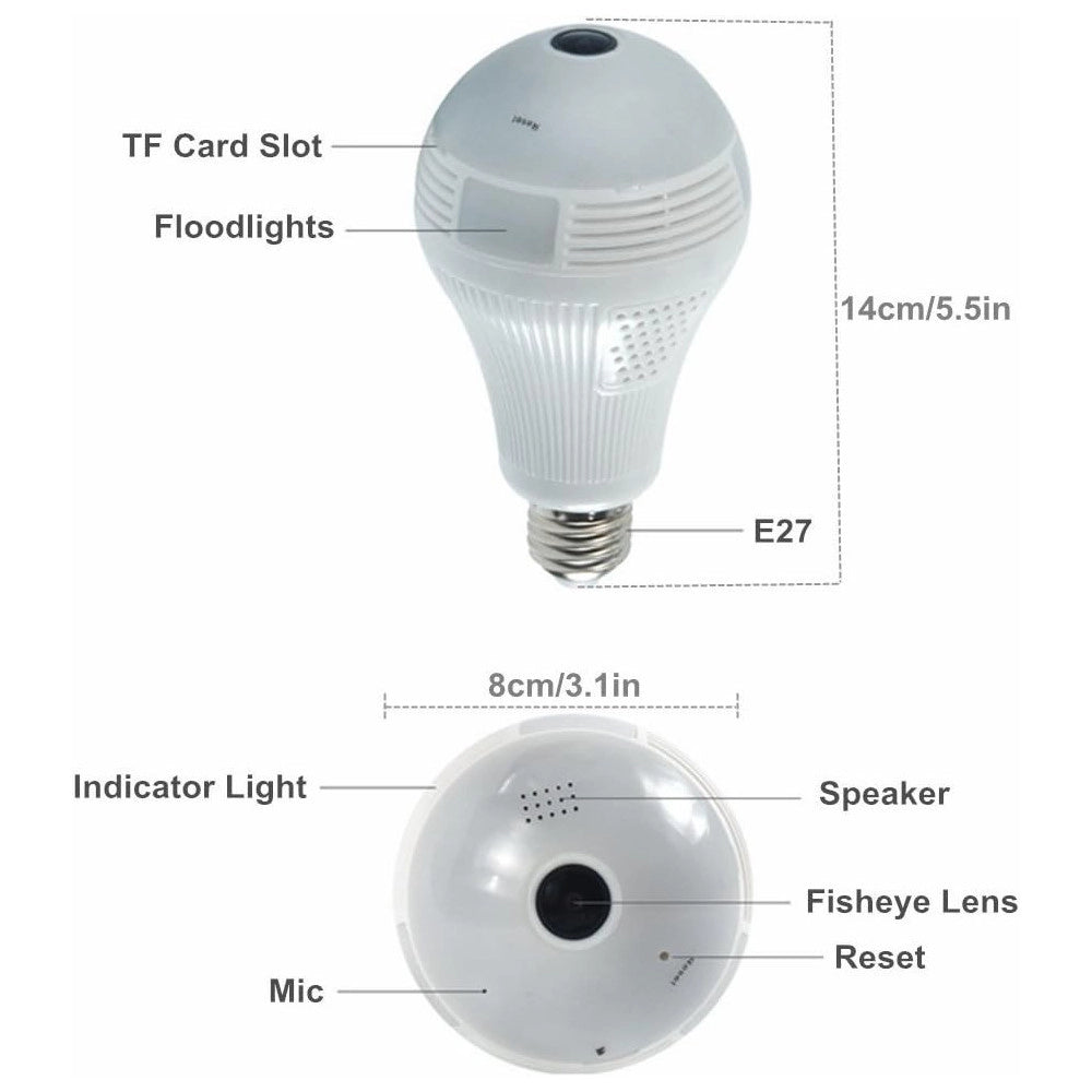 Trade Shop - Telecamera Ip Wifi Lampadina Led Occhio Camera Nascosta Spia E27 180° Panoramica -