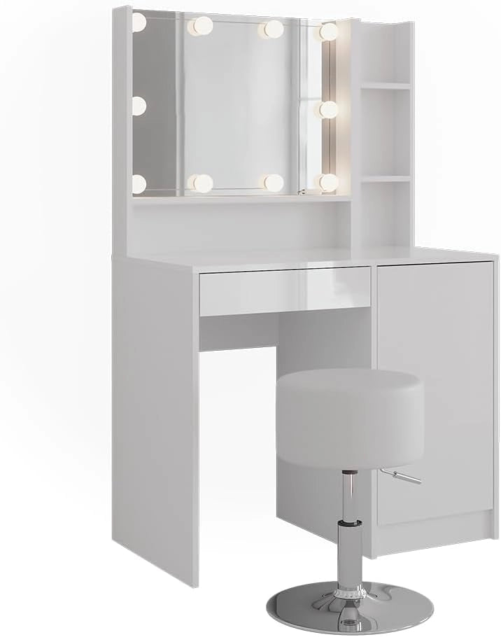 Tavolo da toeletta Sherry, Bianco/bianco lucido, 89.8 cm 5 parti