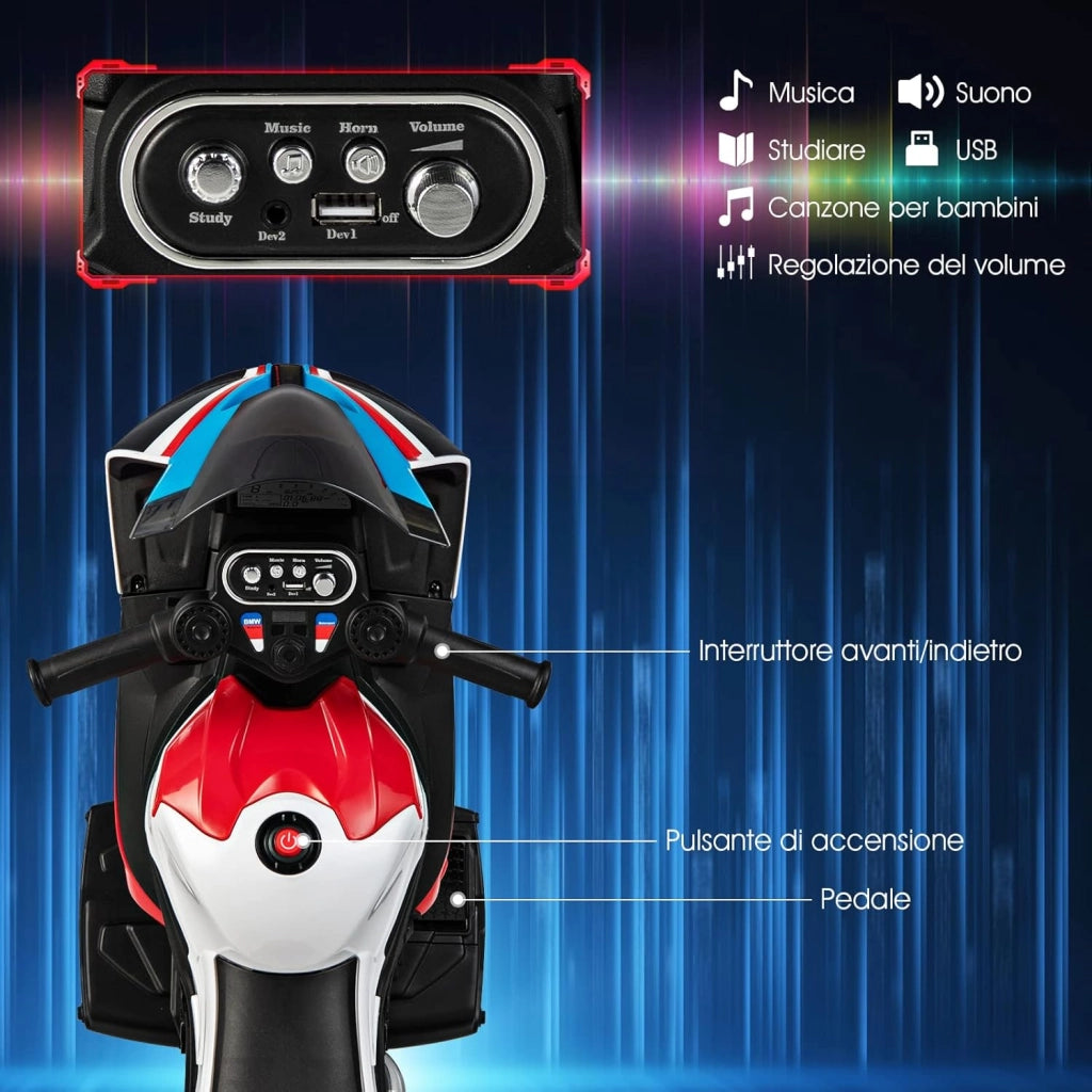 6V BMW Moto Cavalcabile per Bambini, Motocicletta a 3 Ruote con Musica Fari, 3km/h, Moto Elettrica Regalo per Bambini 37 a 96 Mesi (Rosso)