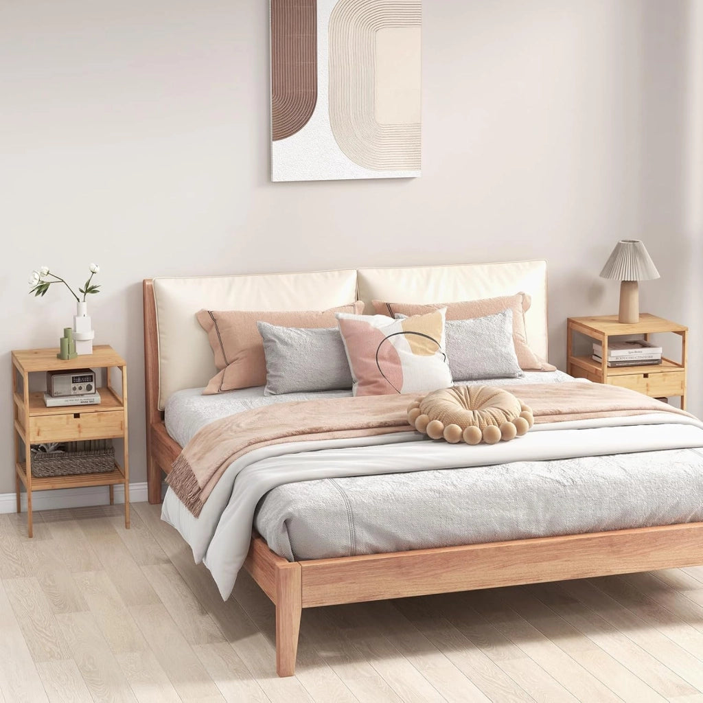 Comodino Camera da Letto con Cassetto e Scaffale a Doghe, Comodino Piccolo a 3Livelli in Bambù, Tavolino Lato Classico per Soggiorno, Naturale, 40 x 40 x 68 cm(L x P x A)