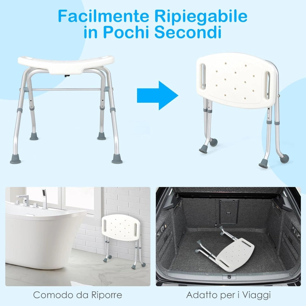 Sgabello per Doccia, Sedia per Doccia Regolabile in Altezza a 3 Livelli con Maniglie, Leggero, per Anziani e Persone a MobilitÃ  Ridotta, 53x50x52,5 cm, Portata 150 KG