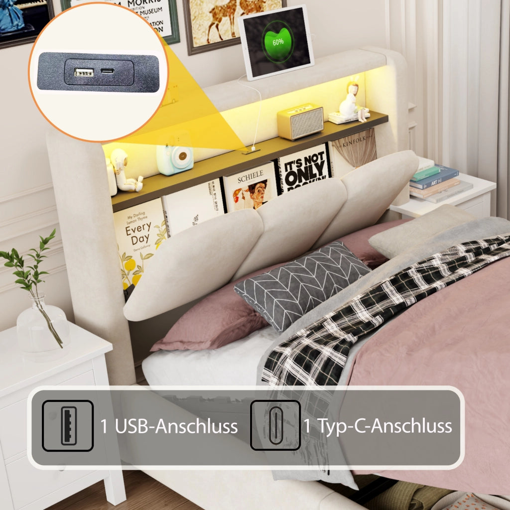 Letto imbottito per bambini con contenitore idraulico, USB-C e LED, 90x200 cm, velluto beige