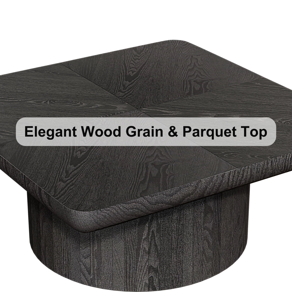 Tavolino basso quadrato con piano effetto parquet e base cilindrica piano spesso nero 86.12 × 85.54 × 18.04 cm