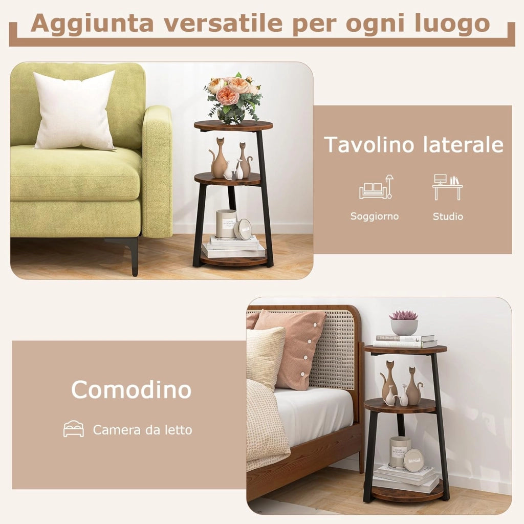 Tavolino Rotondo Industriale, Tavolino da Salotto a 3 Livelli con Struttura Metallica e Piedini Regolabili, Tavolino per Piccoli Spazi, da Soggiorno e Camera da Letto (2)