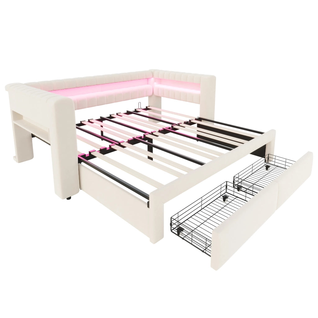 Divano letto imbottito estraibile 90x190 cm con LED; USB e contenitore; beige