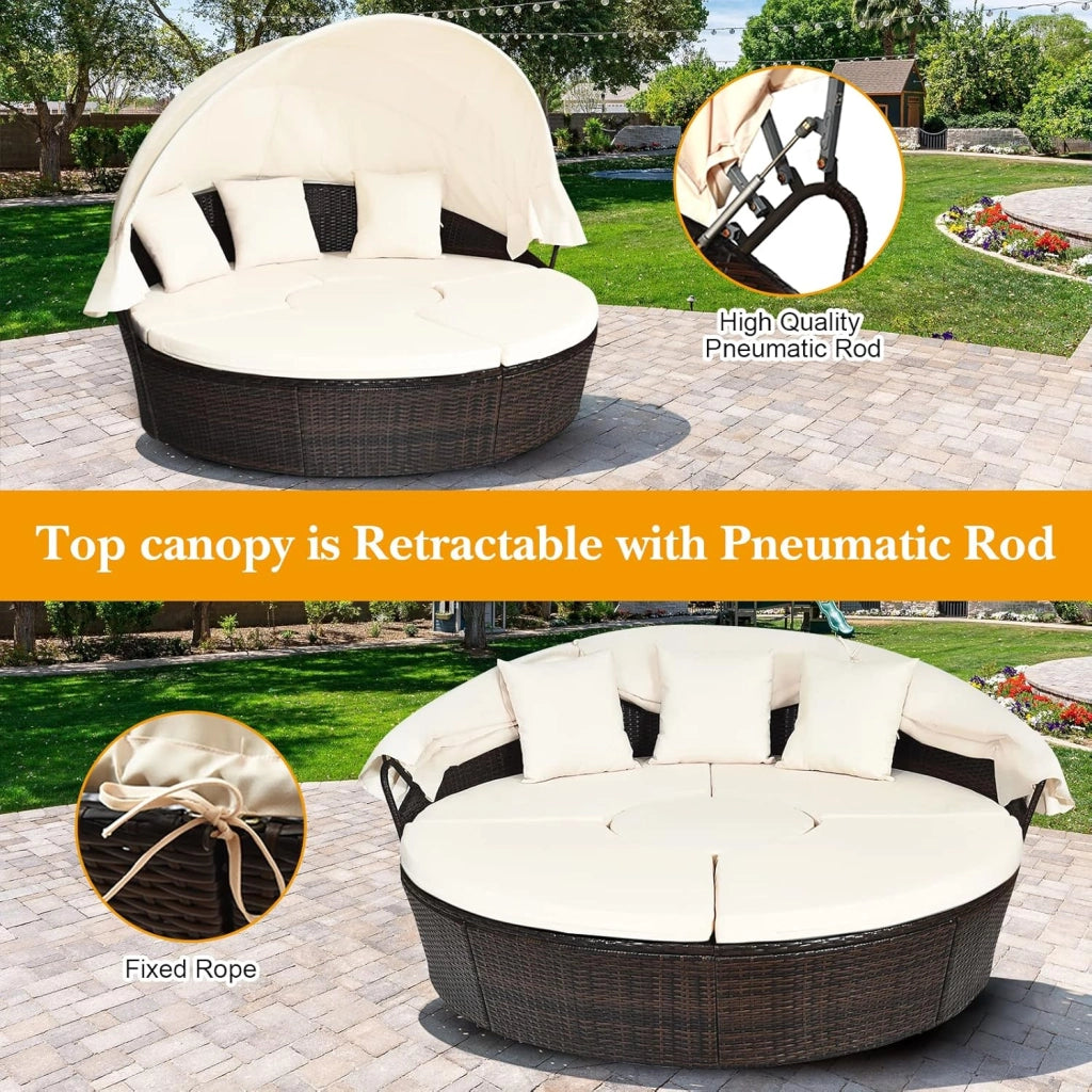 Letto da Giardino Esterno Rotondo in Rattan con Baldacchino Retrattile, Salotto da Giardino Esterno Divano, Lettino da Giardino Portico (Bianco)
