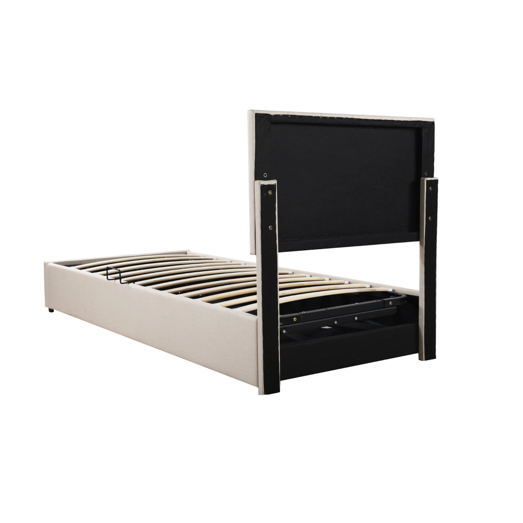 Letto per Bambini Contenitore 90 x 200 cm; Letto Singolo con Vano Idraulico e Testiera Regolabile; senza Materasso; Beige