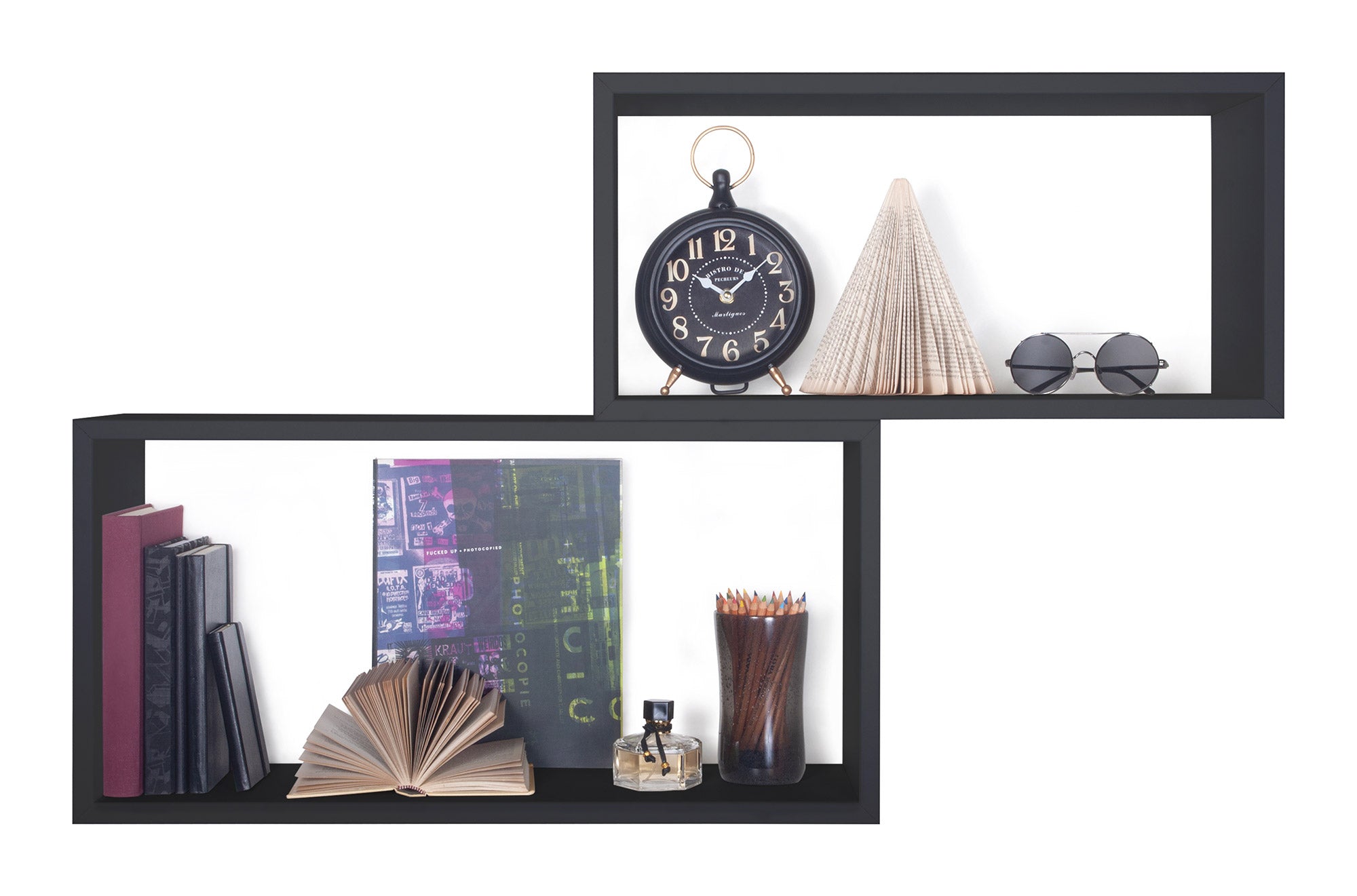 Set 2 Mensole Cubo da Parete Rettangolare in Fibra di Legno Bislungo Nero