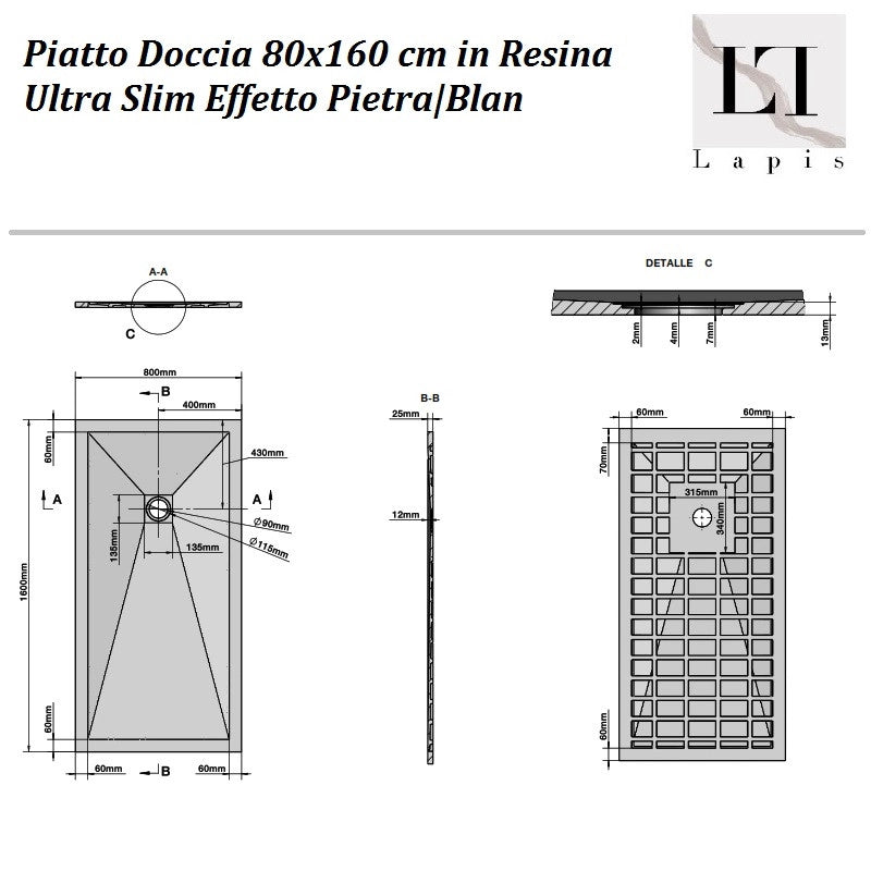 Piatto Doccia 80x160 cm in Resina Ultra Slim Bianco Effetto Piet