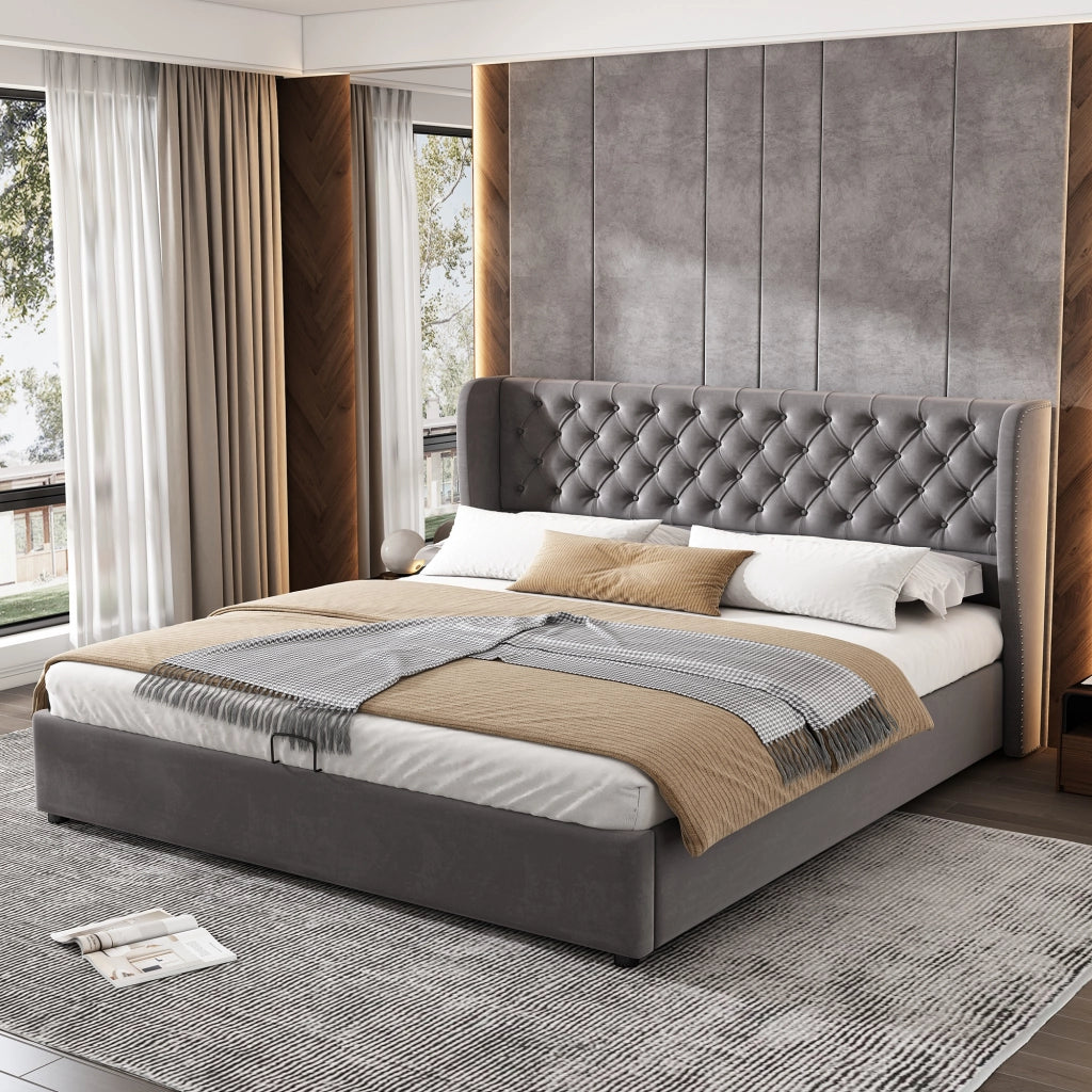 Letti contenitori 180x200 cm con contenitore idraulico; velluto; grigio (Senza materasso)