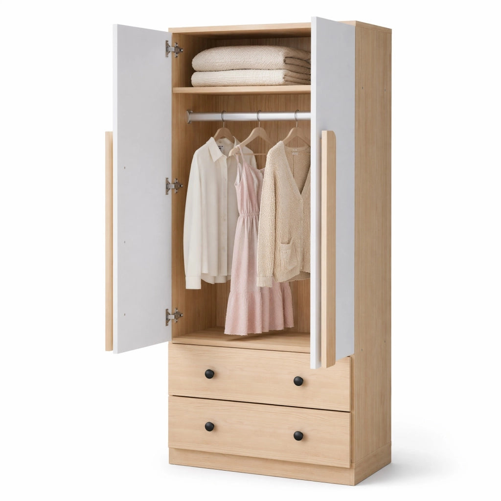 Armadio a doppia anta 70 x 40 x 170 cm con 2 cassetti; naturale e bianco
