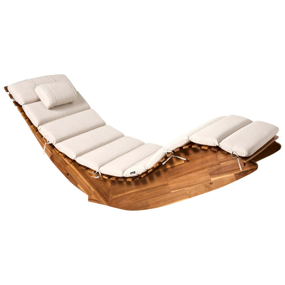 Lettino prendisole in legno di acacia Cuscino beige chiaro a doghe Design a dondolo Forma curva