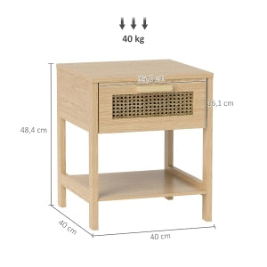 Comodino compatto in legno con cassetto e ripiano aperto, design rattan, 40 x 40 x 48,4 cm, colore naturale