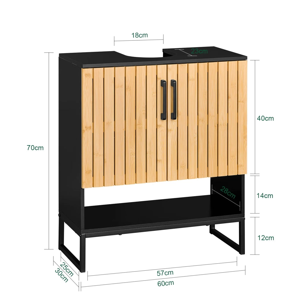 SoBuy Mobile Sottolavabo Bagno 60 cm Mobiletto Salvaspazio con Ante in Bambù e Piedini in Metallo Armadietto Moderno Sotto Lavabo per Bagno Piccolo BZR202-SCH