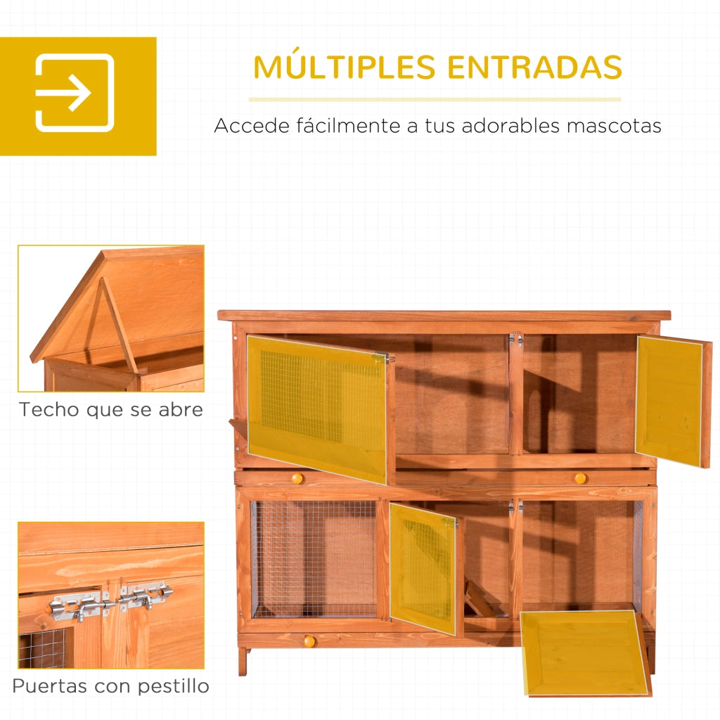 Casetta per conigli da esterno 2 piani ¨C Xylo ¨C legno naturale con tetto, rampa e vassoi estraibili 120x48x100 cm