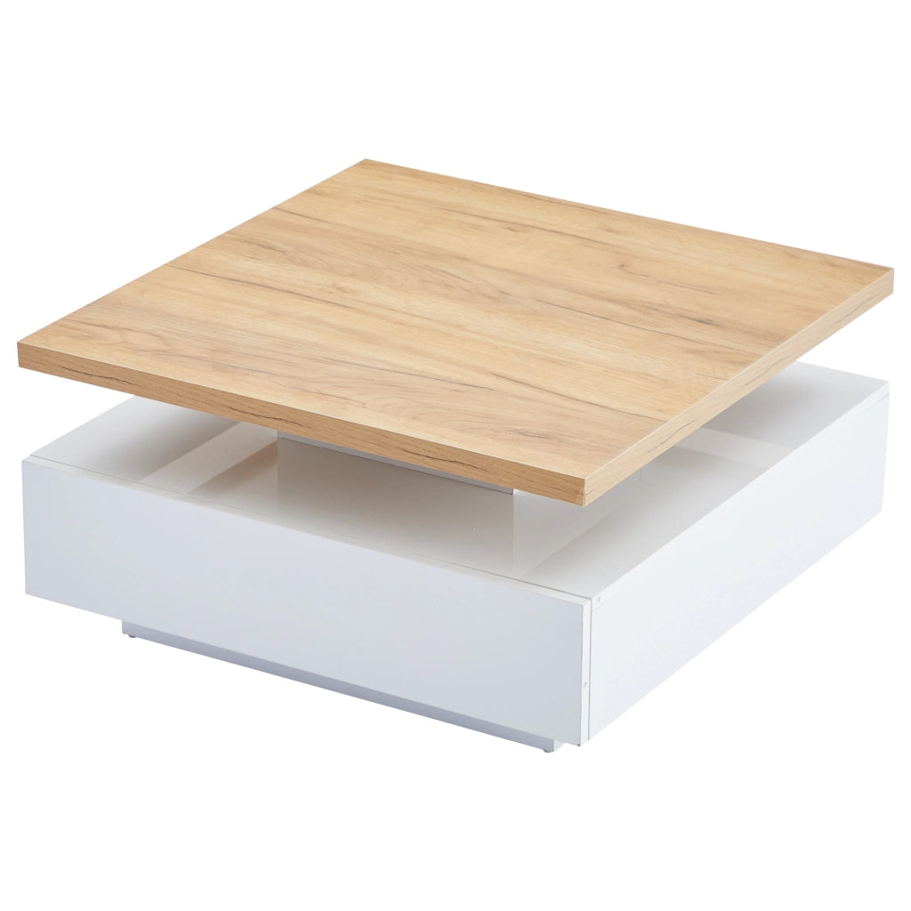Tavolino da caffè 70x70x36 cm; girevole 360° con vano contenitore; truciolare; colore naturale e bianco