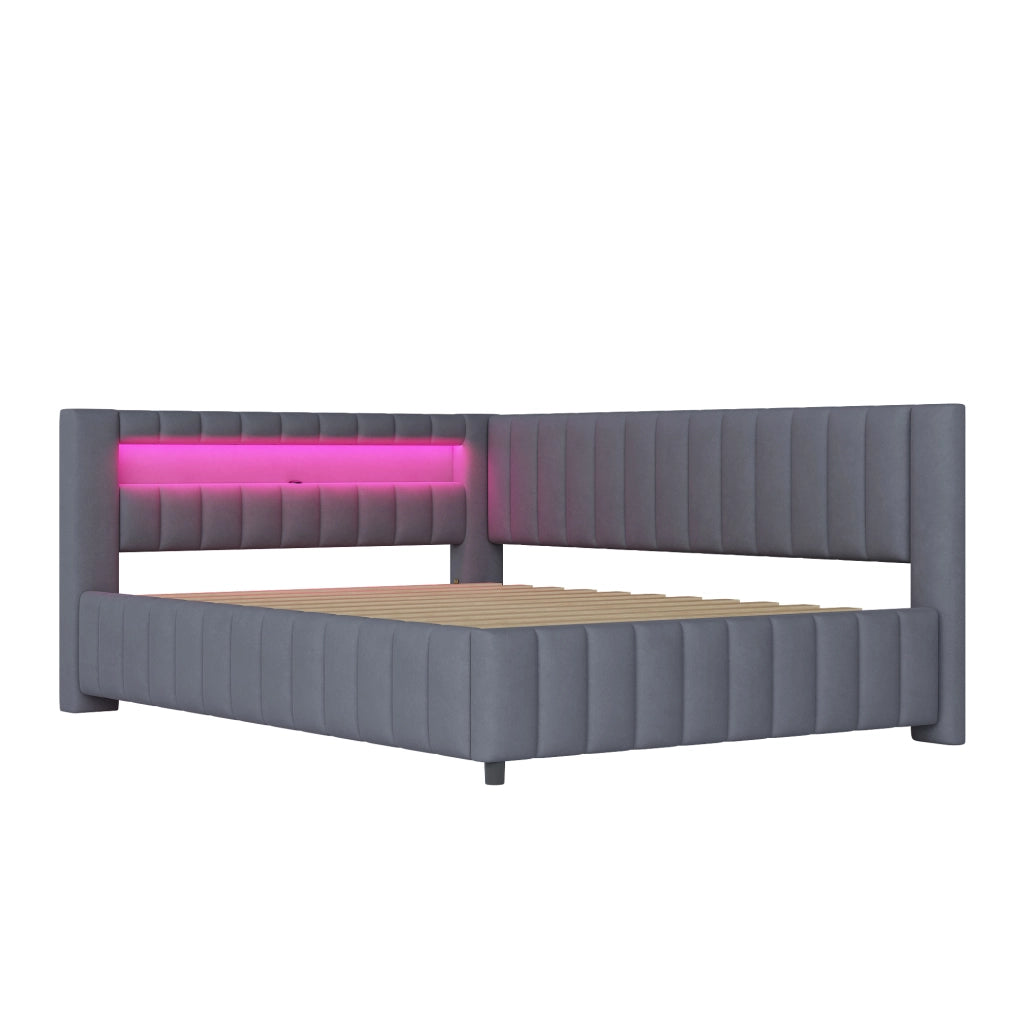 Letto imbottito a L 140x200 cm in velluto grigio con LED e porta USB