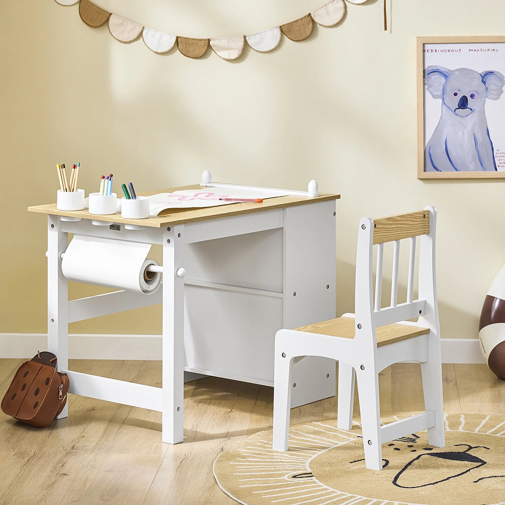 SoBuy Tavolino Bambini con 1 Sedia, Set Tavolo e Sedie per Bambini Multiattività con 2 Ripiani, Tavolo Disegno e Gioco, Sedia Scrivania Cameretta Bianco e Naturale 80x50x66cm KMB60-WN