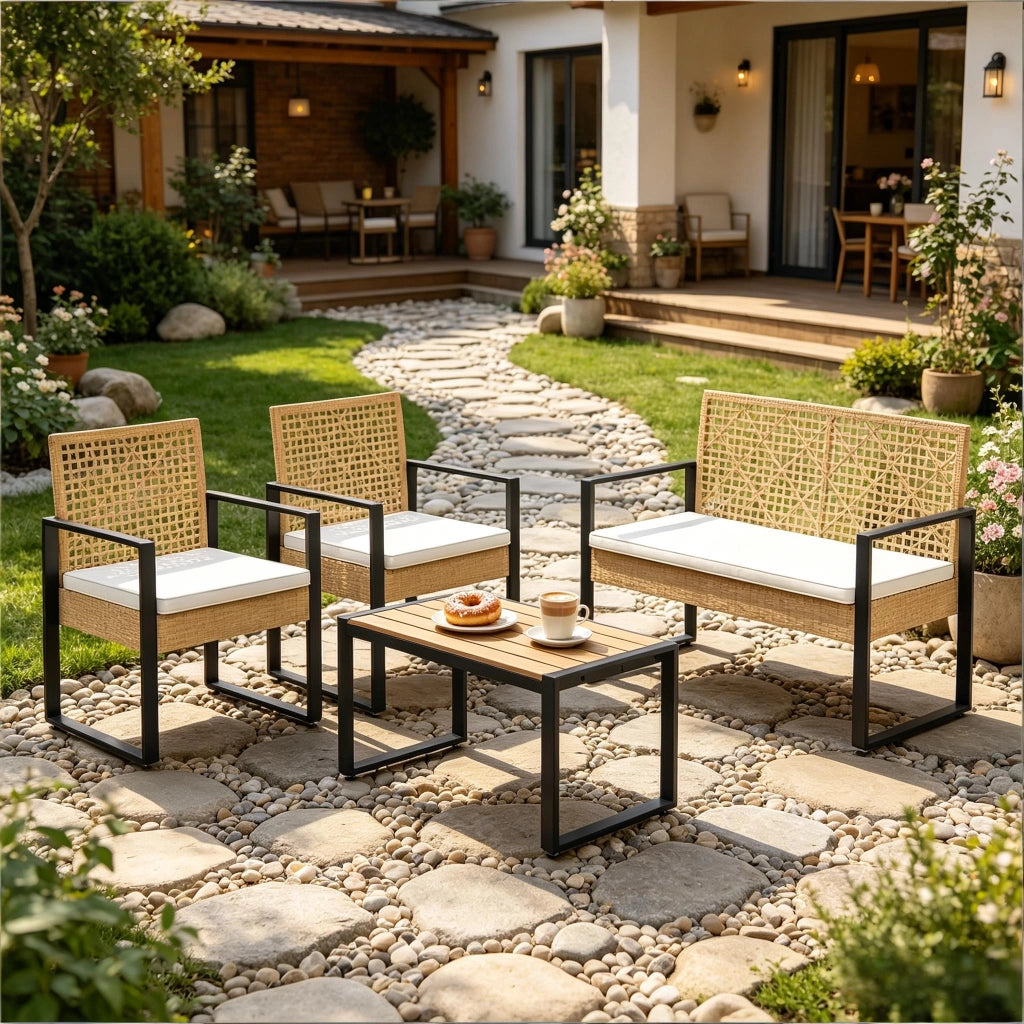 Mobili Da Giardino Modulare 4 Pezzi Con Divano, Sedie E Tavolino, Naturale, Rattan E Metallo