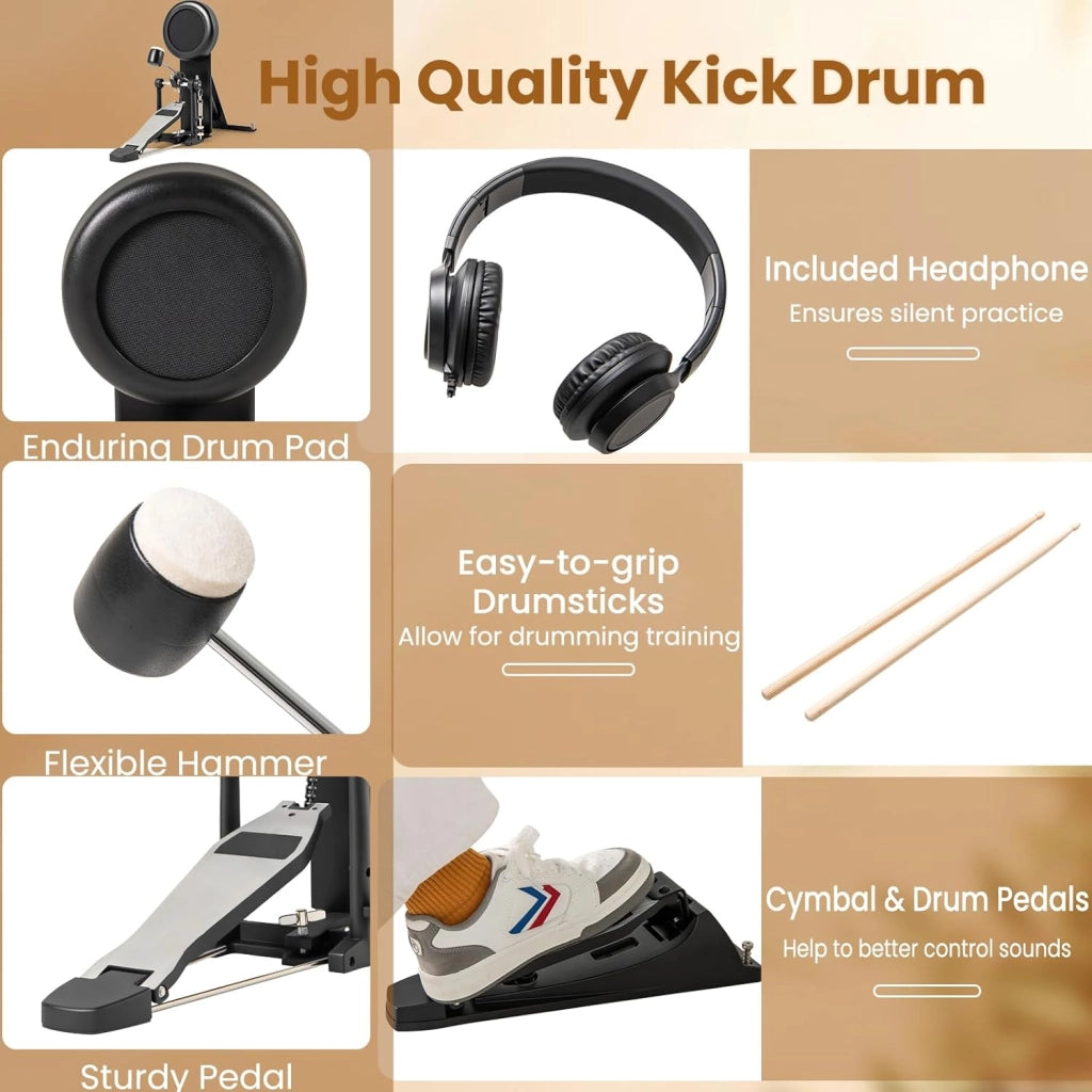 Batteria Elettronica Pieghevole, Batteria Elettrica con 225 Suoni, 15 Combinazioni di Batteria, 30 Canzoni, 9 Metronomi e Midi, Strumento Musicale con Sgabello Regolabile e Cuffie