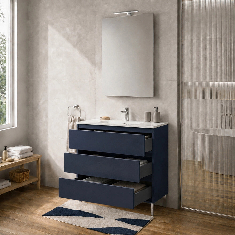 Mobile bagno a terra 100 cm blu tre cassetti push-pull con lavabo Tierra