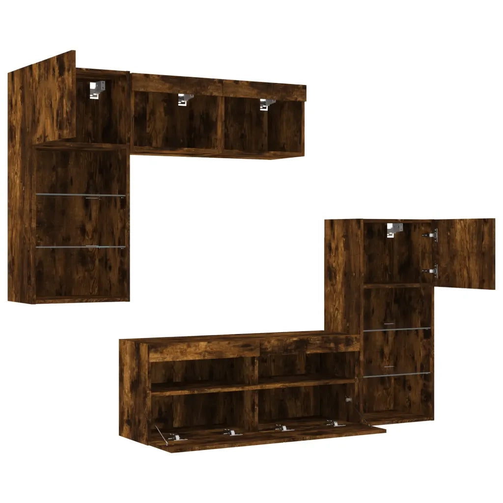Mobili TV a Muro con LED 5pz Rovere Fumo in Legno Multistrato 3216729