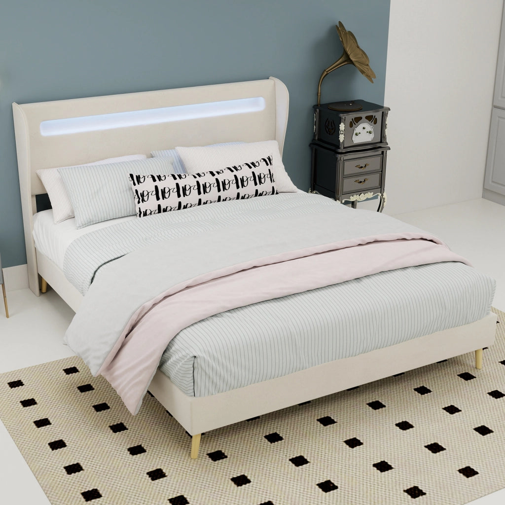 Letto Matrimoniale 140x200 cm; LED Regolabile e Schienale Regolabile in Tessuto - Beige