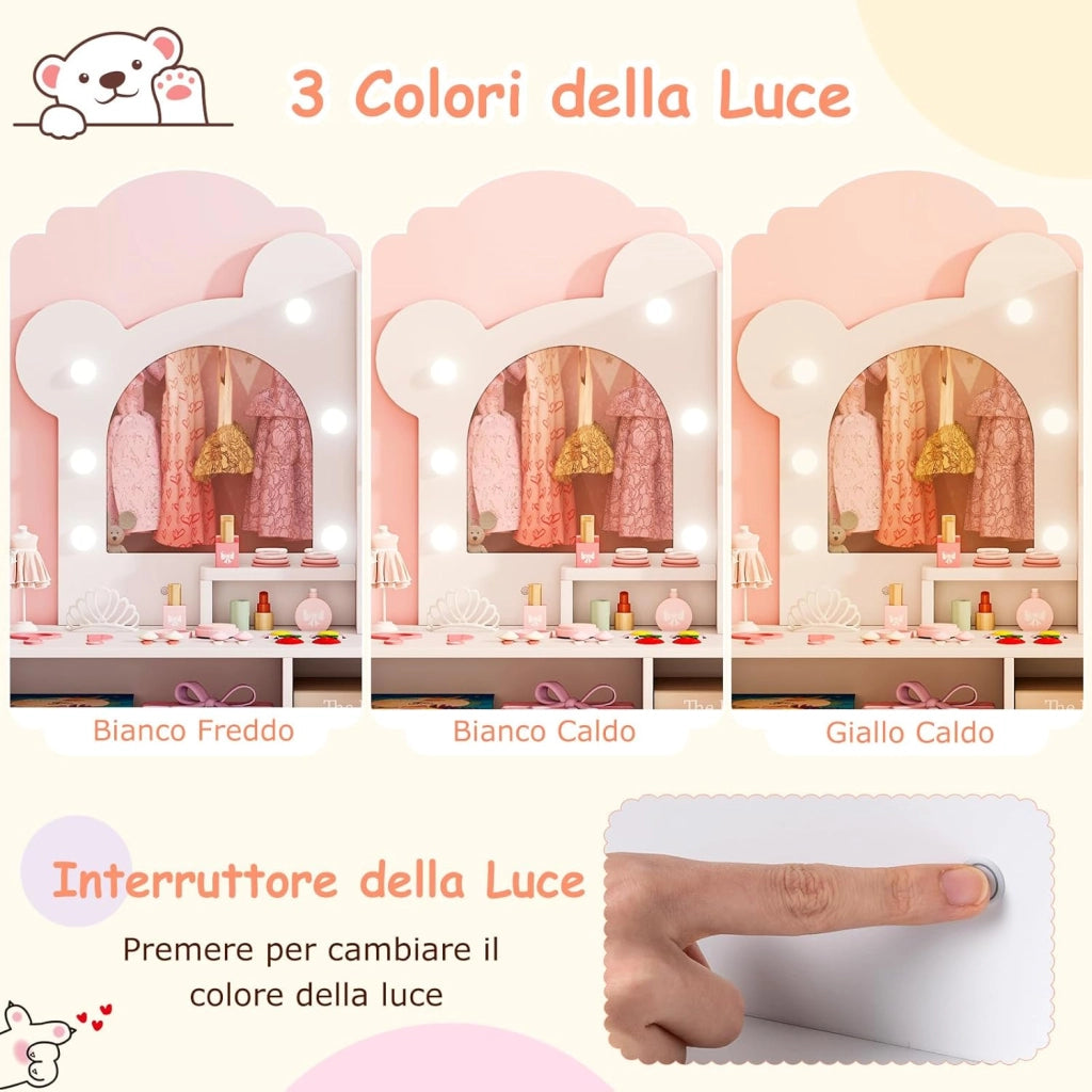 Toeletta per Bambine 3+ Anni, Set Tavolo e Sedia con Luci da Principessa con 5 Cassetti e 2 Scomparti, Armadietto con Porta e Scaffale Aperto, Ideale per Cameretta Bambina (Bianco)