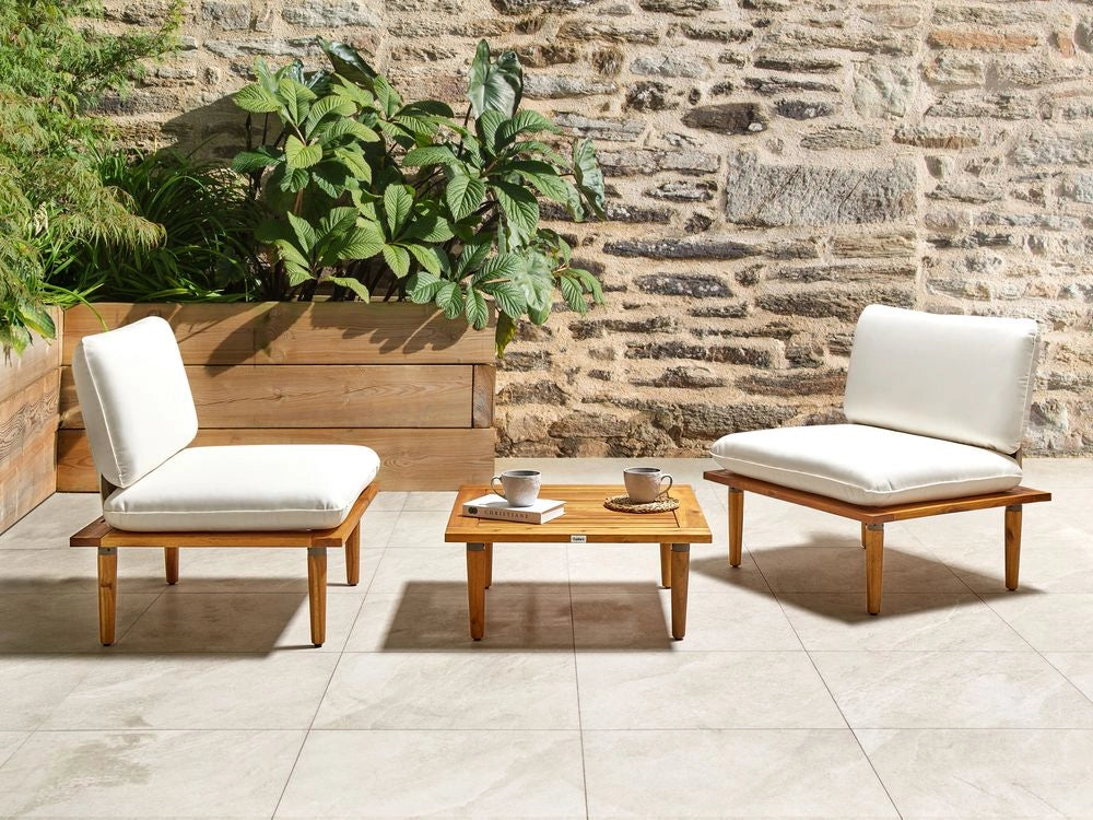 Set Divani Da Giardino Cuscini Bianchi In Legno Massello Di Acacia Set Conversazione Da Esterno Moderno A 2 Posti Poltrone Con Tavolino