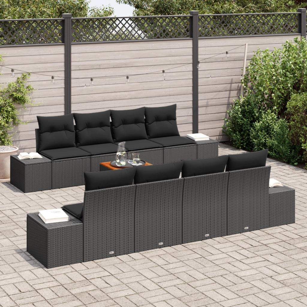 Set Divano da Giardino da 9 Pezzi con Cuscini Nero Polyrattan Acacia