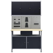 Banco da lavoro 120 cm 3 pannelli a parete e 1 mobiletto da officina tavolo da lavoro grigio/nero 02_0003663