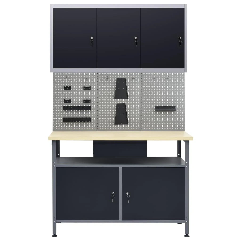 Banco da lavoro 120 cm 3 pannelli a parete e 1 mobiletto da officina tavolo da lavoro grigio/nero 02_0003663