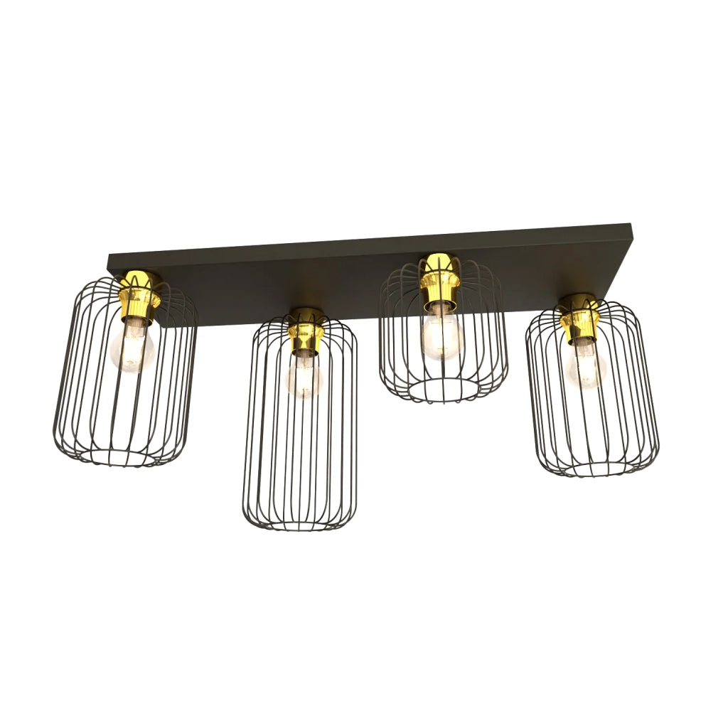 Plafonriera Minimal Industrial Vulcano 4 Luci Lineari Nera E Oro