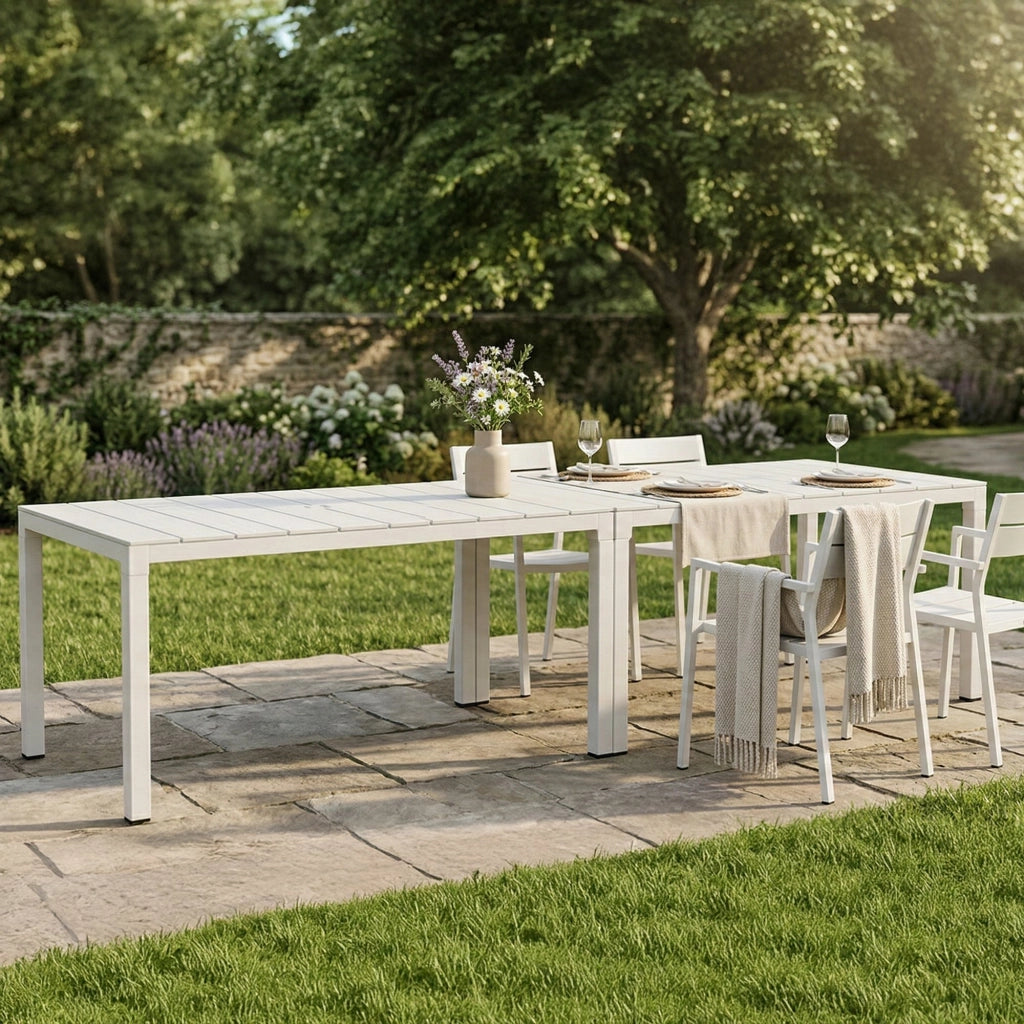Tavolo da esterno Campana, Base per picnic, Piano da pranzo da giardino multiposizione, Banco outdoor multiuso, Made in Italy, 292x86 h74 cm, Bianco