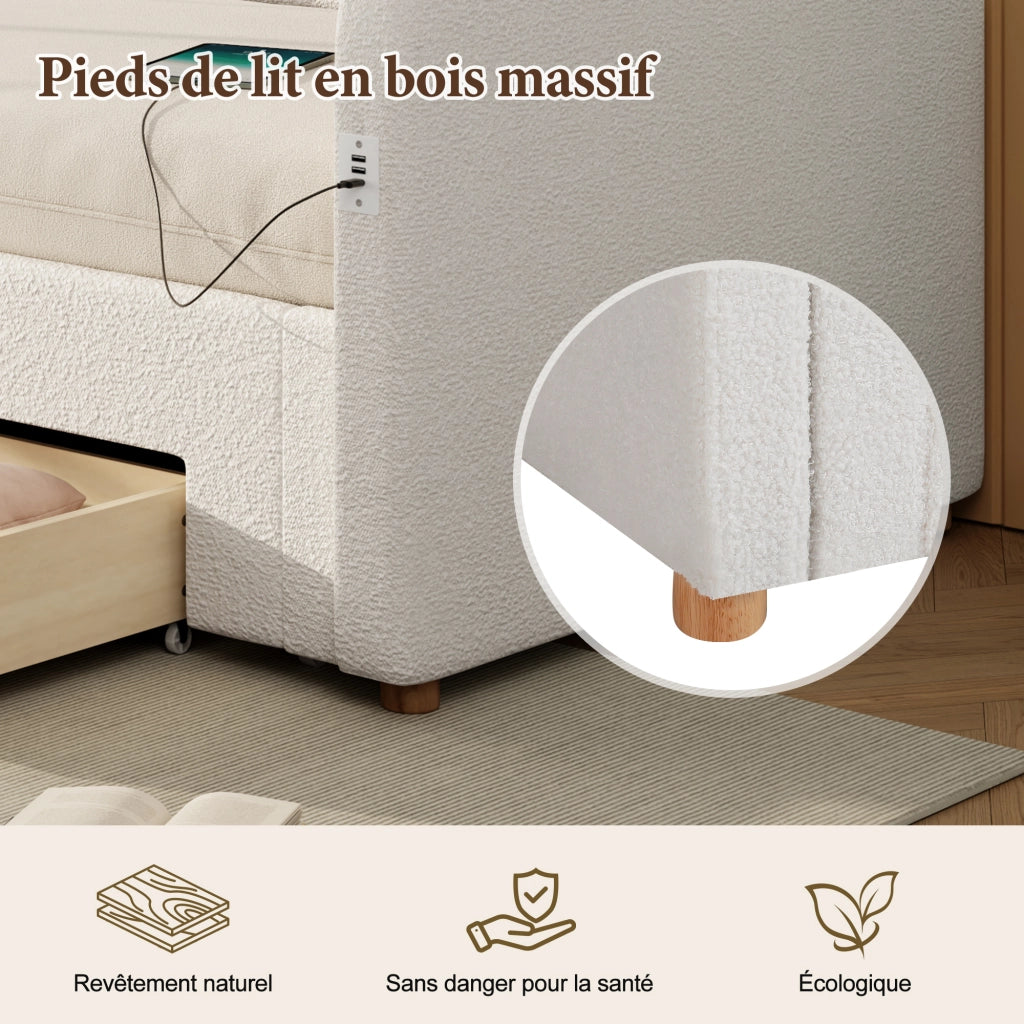 Divano letto con letto estraibile e cassetti, 90x200 cm, bouclé beige