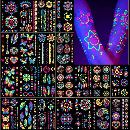 Tatuaggi Temporanei con Effetto UV-Blacklight - 192+ Pezzi - Colori Neon - Fiori/Farfalle Boho - Feste/Festini - Facile da Applicare - Tatuaggi Neon