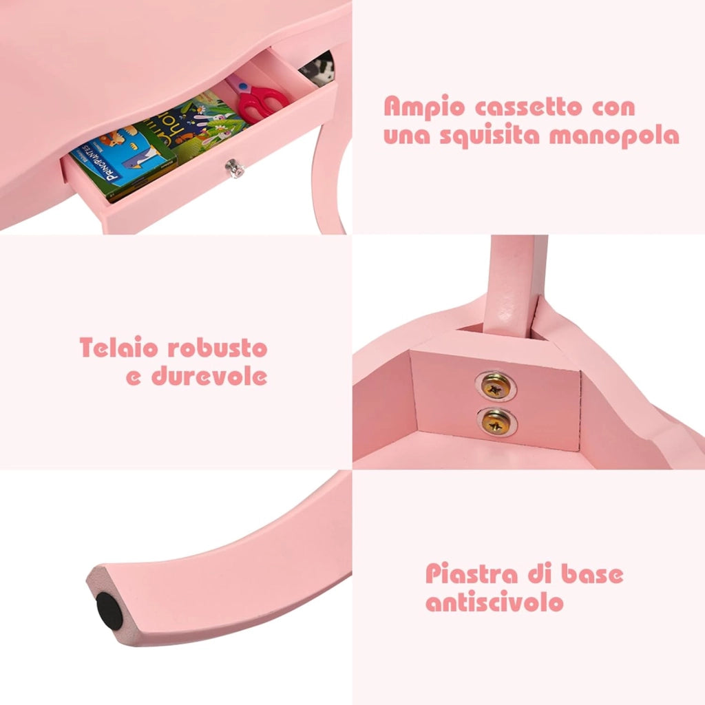 2-in-1 Toeletta Trucco Bambina, Tavolo da Trucco per Bambini con 3 Specchio e Sgabello, Postazione Trucco con 1 Cassetto, 3-7 Anni (Rosa)