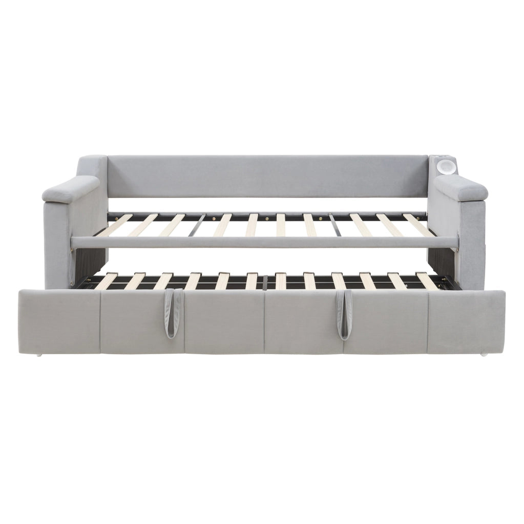 Divano letto imbottito con Bluetooth; USB e scomparti nei braccioli; 90/180x190 cm; grigio
