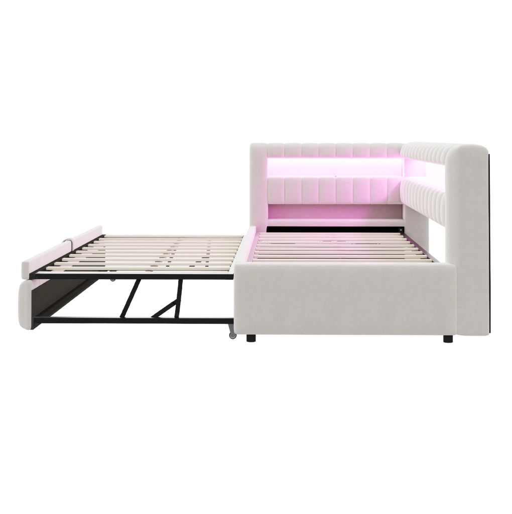 Divano letto estraibile 90x200 cm con LED, USB e USB-C in velluto beige