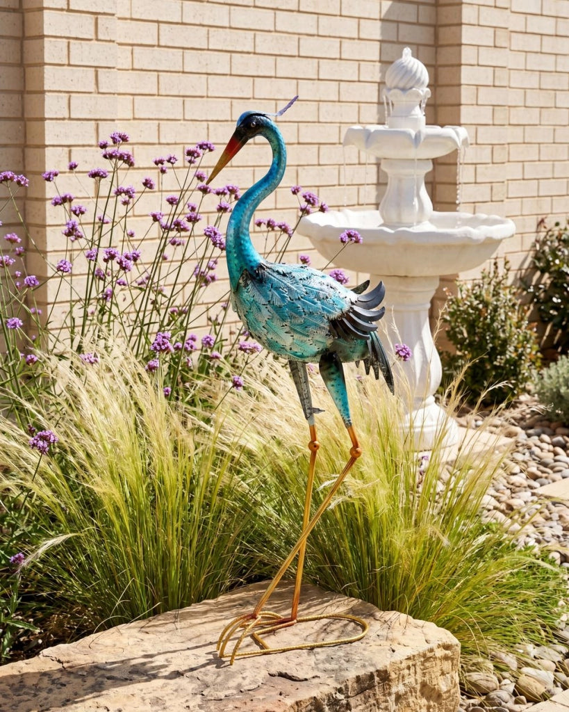 Statua da giardino in ferro blu, scultura di animale in piedi a grandezza naturale realizzata a mano