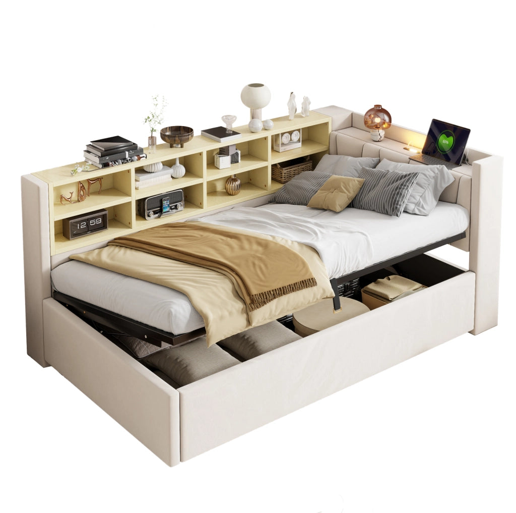 Letto imbottito 90x200 cm con contenitore idraulico e USB-C in velluto beige
