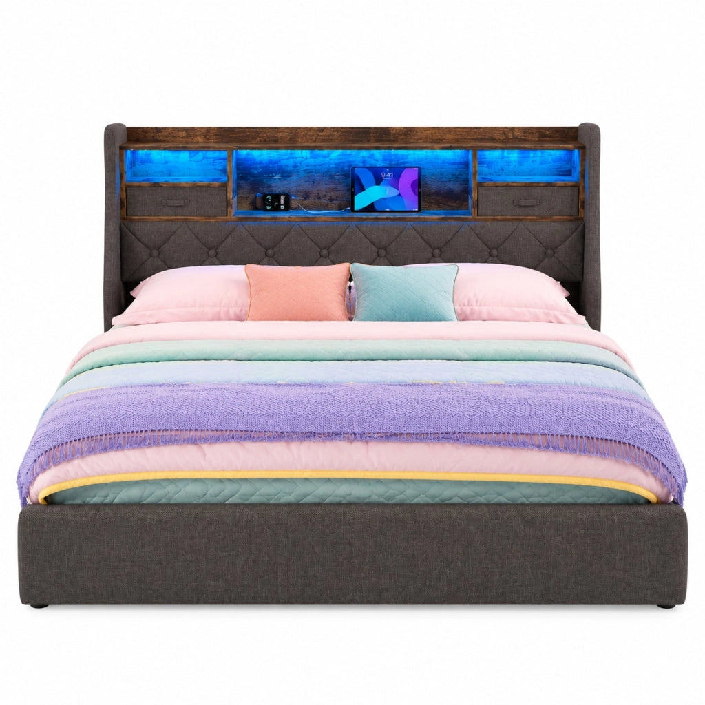 Letto contenitore idraulico 140 × 200 cm con LED; USB e Type-C; tessuto di lino grigio
