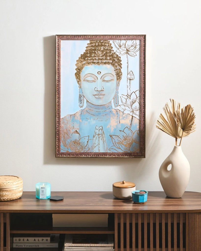 Decorazione da parete stampa su tela dorata, Buddha realizzato a mano, materiali sintetici, cornice in legno di pino, soggiorno